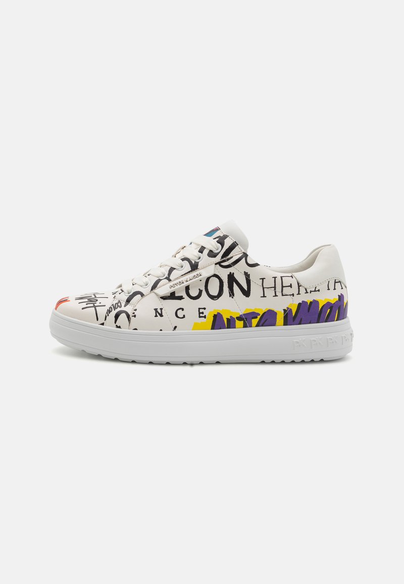 Multicolored sneakers with a white leather upper featuring various graphic prints in black, yellow, and purple. Thick white rubber sole.
