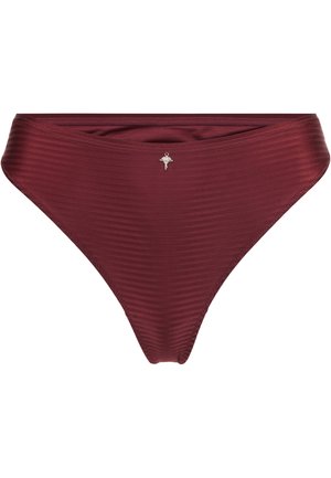 Maroon ribbed bikini bottom with a small silver decorative charm centered on the front waistband.