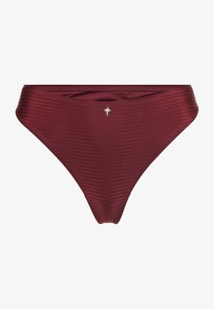 Maroon ribbed bikini bottom with a small silver decorative charm centered on the front waistband.
