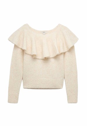 Roomkleurige trui met een pluizige, gelaagde ruffle-halslijn, gemaakt van zachte textiel. Heeft lange mouwen en een geribbelde zoom.