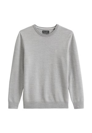 Grey sweater with a crew neckline, long sleeves, and ribbed cuffs. Made of textured fabric with a subtle pattern, features a brand label at the neck.