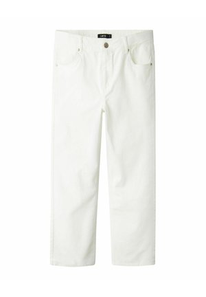 Białe jeansy o prostych nogawkach z przodem zapinanym na guziki i suwak, z szlufkami na pasek i pięcioma kieszeniami.