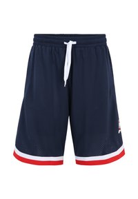 Pantaloni sportivi in rete blu navy con coulisse bianca, caratterizzati da un orlo a strisce rosse e bianche e un piccolo logo sulla gamba inferiore.