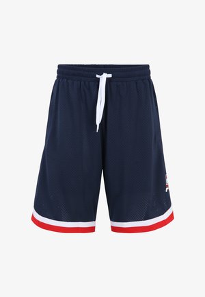 Pantaloni sportivi in rete blu navy con coulisse bianca, caratterizzati da un orlo a strisce rosse e bianche e un piccolo logo sulla gamba inferiore.