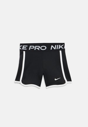 Pantaloni scurți atletici negri cu un logo alb și margini albe, având o talie elastică lată imprimată cu „NIKE PRO.” Concepuți pentru confort și potrivire.