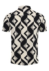 Kurzärmliges Hemd in Schwarz und Creme mit einem geometrischen Diamantmuster, horizontalen Streifenakzenten und einem kragenähnlichen Ausschnitt.