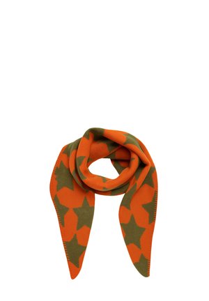 Orange scarf with large olive green stars, folded and draped showing pointed ends and soft fabric texture.