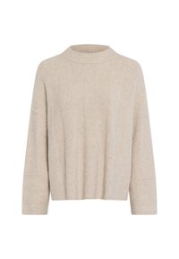 Beige Strickpullover mit hohem Kragen, überschnittenen Schultern und gerippter Textur. Verfügt über eine gerade, lockere Passform und lange Ärmel.