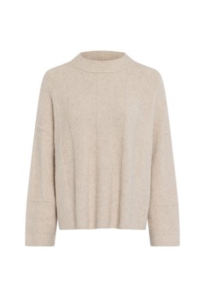 Beige Strickpullover mit hohem Kragen, überschnittenen Schultern und gerippter Textur. Verfügt über eine gerade, lockere Passform und lange Ärmel.