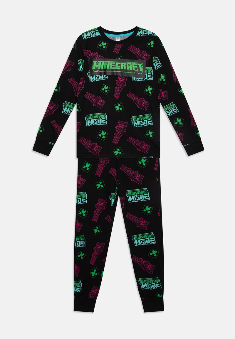 Minecraft-teemainen musta pyjaman setti, jossa on värikkäitä kuvastoja ikoneista ja tekstistä vihreänä ja vaaleanpunaisena, valmistettu pehmeästä, kevyestä kankaasta.