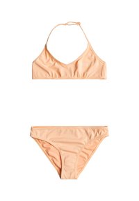 Peachfärgad bikinitopp i två delar med V-ringad bralette-top med justerbara axelband och matchande låga underdelar. Mjuk, slät tyg med rynkade detaljer.