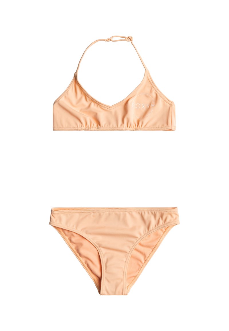 Peachfärgad bikinitopp i två delar med V-ringad bralette-top med justerbara axelband och matchande låga underdelar. Mjuk, slät tyg med rynkade detaljer.