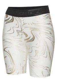 White athletic shorts with a black elastic waistband. Features a gold marbled pattern with a smooth texture. Ideal for activewear use.