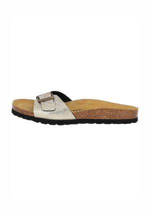 Slide sandal with a metallic silver textured strap, adjustable buckle, cork footbed, and black rubber sole.