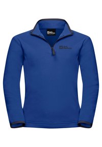 Sudadera de polar azul con un cuello de media cremallera, con un borde negro en contraste y un pequeño logo negro en el pecho. Textura suave, mangas largas.