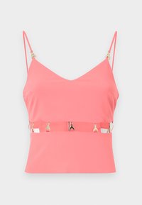 Pink sleeveless top with a V-neck, featuring a zip closure and gold hardware accents at the straps. Smooth texture, fitted design.
