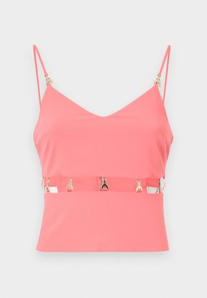 Top sans manches rose avec un décolleté en V, doté d'une fermeture éclair et de détails en métal doré sur les bretelles. Texture lisse, design ajusté.