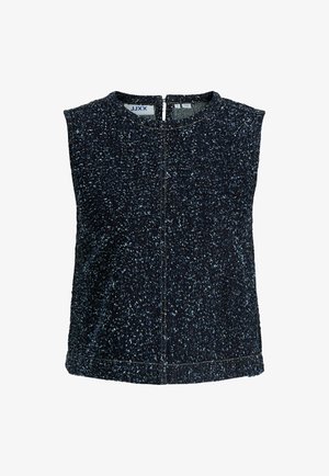 Haut sans manches en tricot bleu marine à motifs avec col rond et fermeture éclair au dos, taille petite.