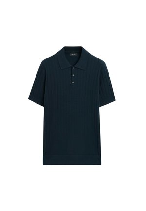 Dunkelblaues Poloshirt mit kurzen Ärmeln, gerippter vertikaler Struktur, Knopfleiste und klassischem Kragen, abgebildet auf weißem Hintergrund.