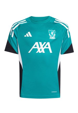 Turkooizen Liverpool Football Club trainingsshirt met wit AXA sponsorlogo, Adidas-logo, clubwapen en zwarte zijkanten en mouwaccenten.