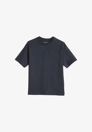 T-shirt en coton bleu foncé à manches courtes avec col rond et logo "MARC O'POLO" en relief sur la poitrine.