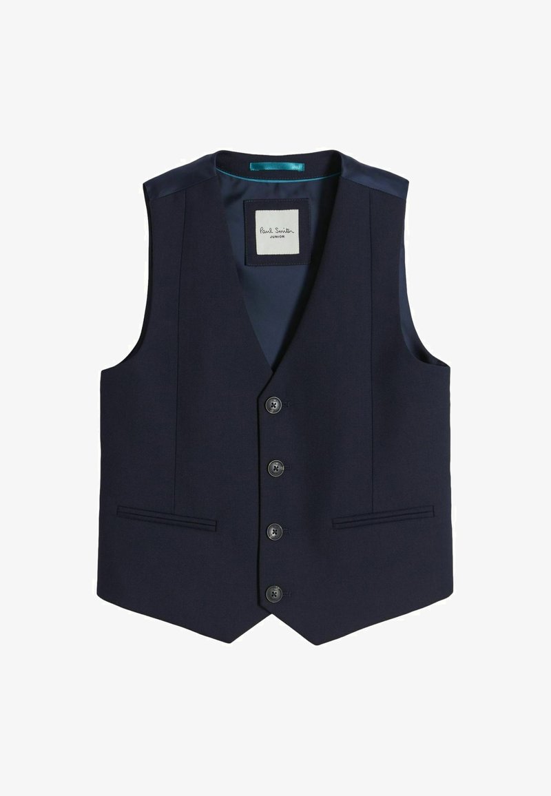 Marinblå väst med en klassisk design och en slät textur, fem knappar och två framfickor. Insidan är fodrad med en kontrasterande färg.