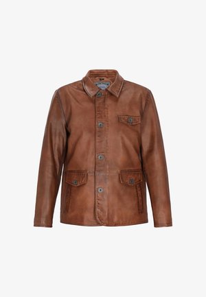 Bruine leren jas met een kraag, voorknopjes, twee borstzakken en een gladde, gestructureerde uitstraling.