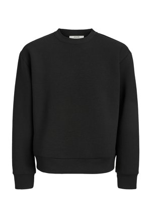 Sweat-shirt noir à manches longues avec col rond, poignets et bas côtelés, design simple et petite étiquette de marque à l’intérieur du col.