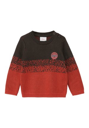 Sweter z dzianiny w ciemnym brązie i pomarańczowym. Okrągły dekolt z dwoma guzikami na ramionach. Posiada zabawną grafikę jeża na piersi.
