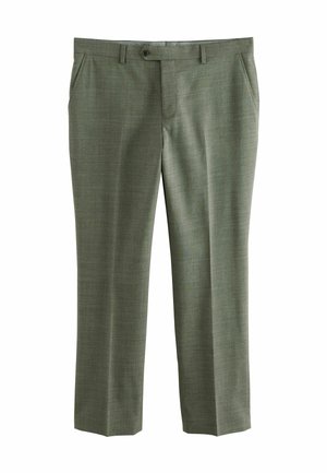 Pantaloni verde oliva in tessuto testurizzato, taglio dritto, con tasche frontali e chiusura a bottone. Design classico adatto a diverse occasioni.