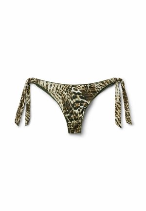 Bikini-bottom med leopardmönster och gröna band, med en låg midja, slät textur och en blandning av bruna, krämfärgade och mörkgröna färger.