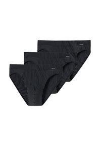 Drei Paare schwarze Bikini-Unterwäsche mit weißen vertikalen Streifen. Jedes Paar verfügt über einen glatten Stoff, einen elastischen Bund und minimalen Markenaufdruck.