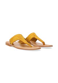 Gule vævede læder flip-flops med flad sål og tænderrem-design; har en glat, lysfarvet indersål og subtil struktur.