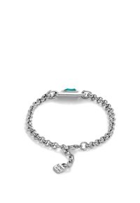 Bracelet en chaîne argentée avec un gemme turquoise central, des maillons texturés et une petite étiquette avec un logo en relief.