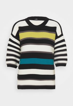 Knit sweater with horizontal stripes in black, white, gray, mustard yellow, and teal; features a round neckline and three-quarter sleeves.