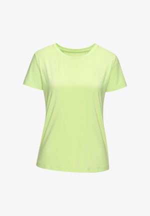 Kurzärmliges T-Shirt in leuchtendem Neon-Grün, gefertigt aus einem glatten, elastischen Stoff, mit klassischem Rundhalsausschnitt und ohne sichtbare Muster.