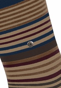 Primo piano di un tessuto a motivi con righe orizzontali in diverse tonalità di blu, marrone e bordeaux, caratterizzato da un bottone decorativo in argento.
