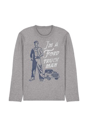 Gray long-sleeve shirt with blue graphic of a man in overalls holding a wrench, vintage truck, and text "I'm A Ford Truck Man."