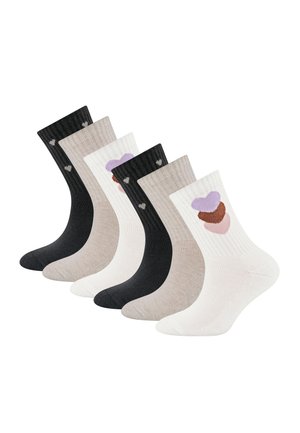 Six pairs of ribbed crew socks in black, beige, and white, with heart patterns in purple, brown, pink, and white on the sides.