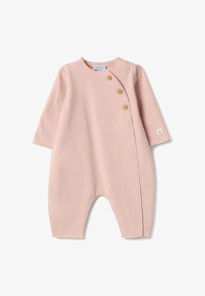 Roze éénstuk outfit gemaakt van zachte stof, met lange mouwen, een ronde halslijn en drie houten knopen aan de voorkant.