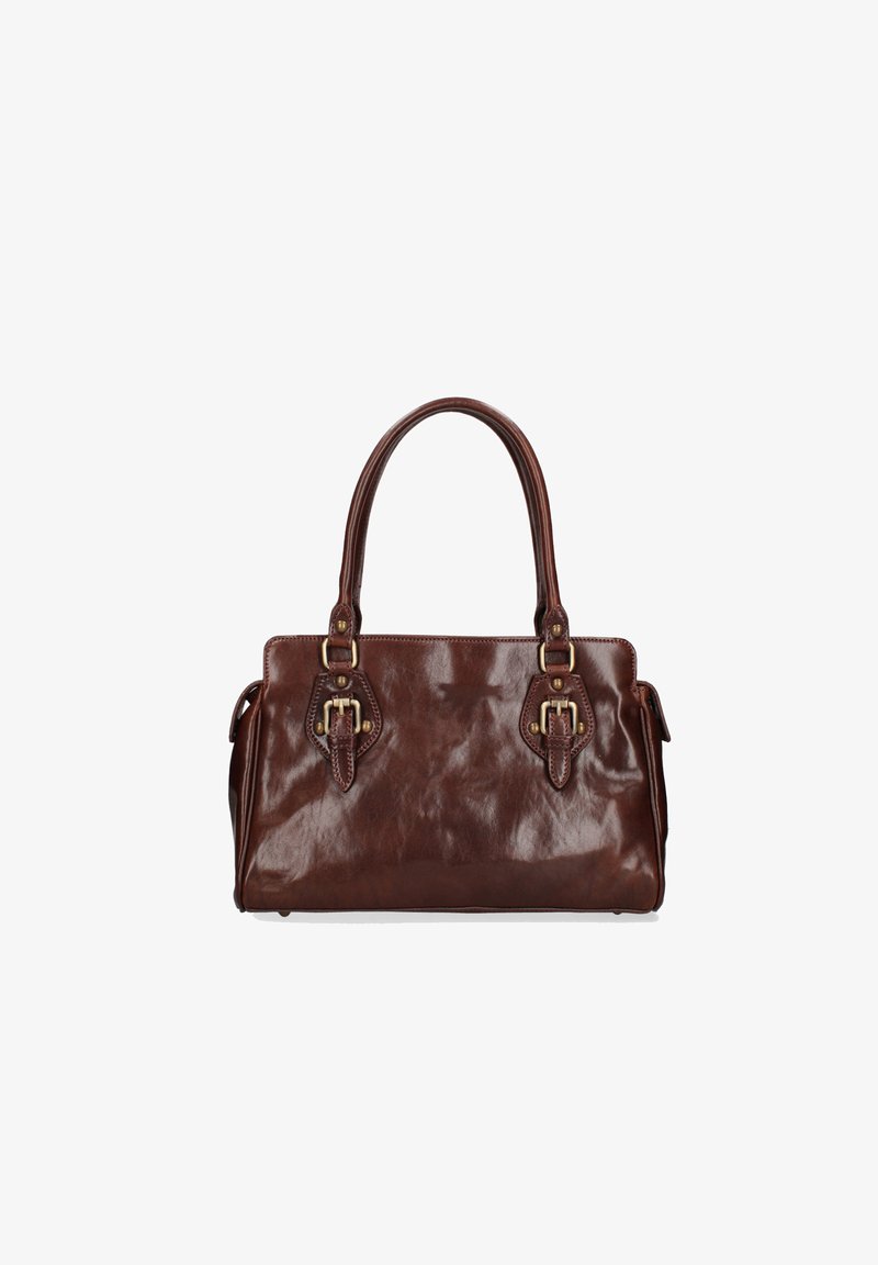 Borsa a mano in pelle marrone con due manici superiori, caratterizzata da hardware dorato e fibbie decorative sulla parte frontale. Texture liscia e lucida.