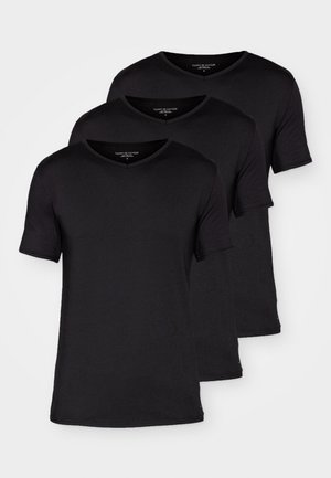 Drei schwarze kurzärmlige V-Ausschnitt-T-Shirts aus glattem Stoff, mit minimaler Naht und einem Logo am Saum.