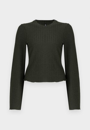 Top lungo a maniche lunghe color verde oliva, realizzato in tessuto a coste. Presenta un collo rotondo e una silhouette aderente.