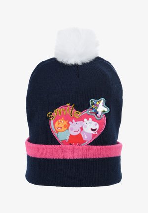 Marine gebreide beanie met een roze manchet, witte pompon aan de bovenkant, versierd met kleurrijke cartoonfiguren en "smile" in gouden borduursel.