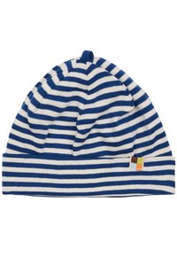 Berretto a maglia blu e bianco a righe con risvolto e una piccola etichetta multicolore sul lato. Materiale morbido e elastico.