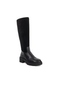 Black knee-high boot with smooth leather foot, suede upper shaft, rounded toe, and chunky treaded sole.