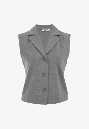 Gray sleeveless vest with a notched collar, front button closure, and two buttons visible. Smooth texture and casual design.