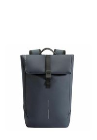 Zaino impermeabile grigio scuro con chiusura arrotolabile, spallacci regolabili e fibbia anteriore. Materiale liscio e resistente con design minimal.