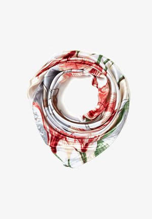 Foulard en soie roulé en forme circulaire avec un motif floral en rouge, vert, marron et beige sur un fond blanc.