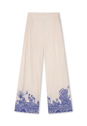 Crème wijde broek met blauwe botanische en geometrische patronen langs de zomen.